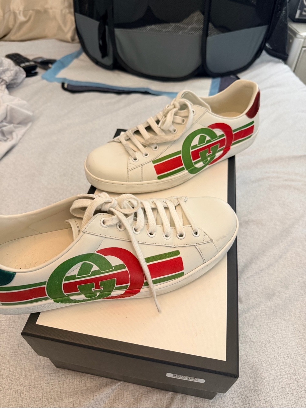 Gucci White Leather Sneakers with Green & Red Logo Stripe